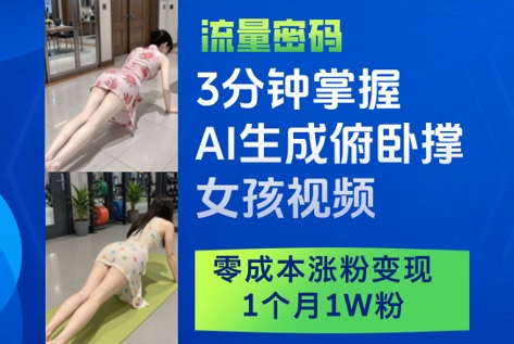 3分钟掌握AI生成俯卧撑女孩视频，零成本涨粉变现，1个月1W粉-玻哥网络技术工作室