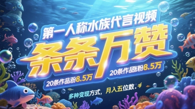 第一人称水族代言视频，条条万赞，20条作品涨粉7.8W，多种变现方式月入五位数-玻哥网络技术工作室