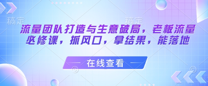 流量团队打造与生意破局，老板流量必修课，抓风口，拿结果，能落地-玻哥网络技术工作室