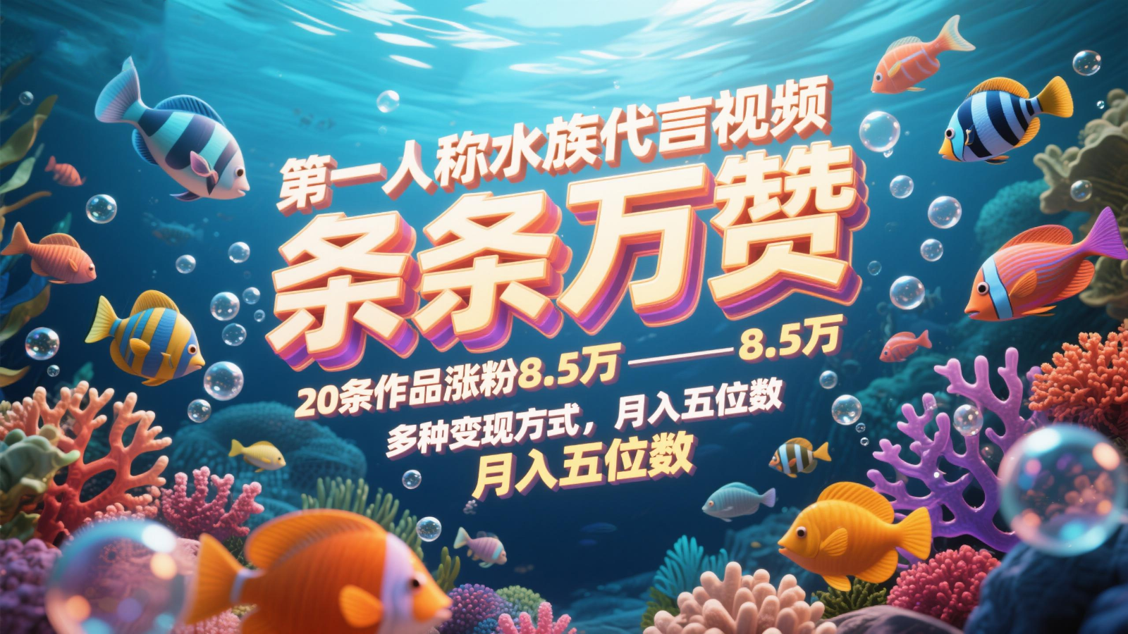 第一人称水族代言视频，条条万赞，20条作品涨粉8.5万，多种变现方式月，入五位数-玻哥网络技术工作室