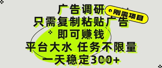 广告调研项目，只需复制粘贴广告即可挣钱，平台大水，任务不限量，一天3张【揭秘】-玻哥网络技术工作室
