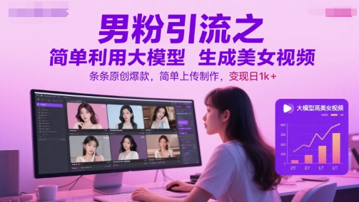 男粉引流之简单利用大模型生成美女视频，条条原创爆款，简单上传制作，变现日1k+-玻哥网络技术工作室