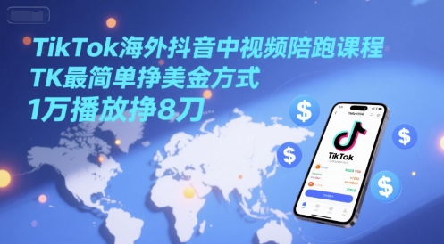 TikTok海外抖音中视频陪跑课程，TK最简单挣美金方式，1万播放挣8刀-玻哥网络技术工作室