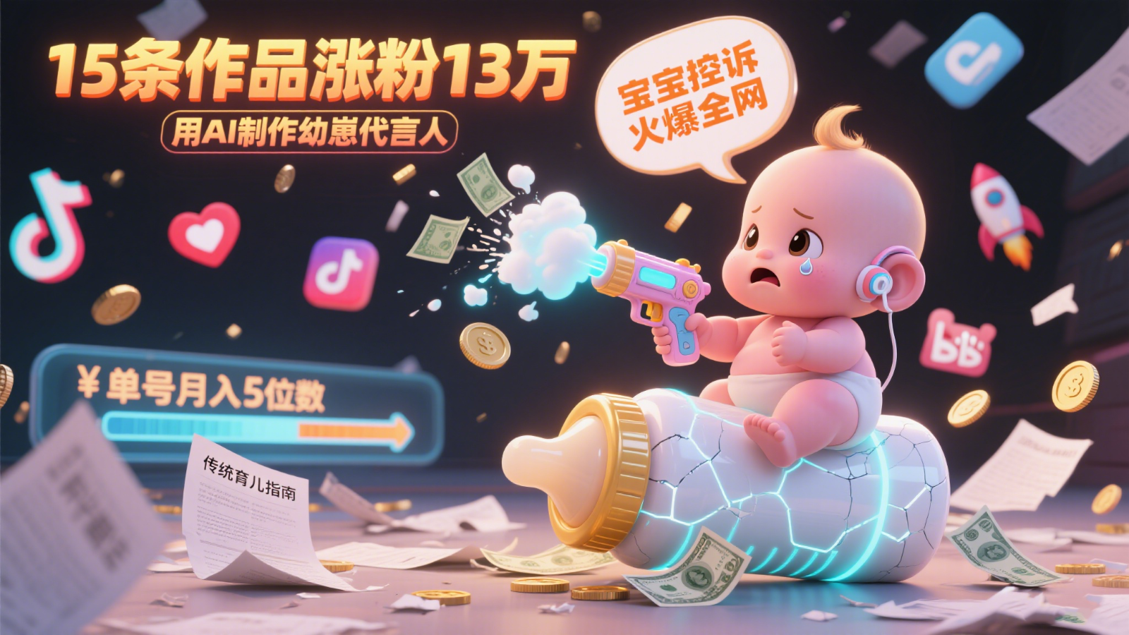 用AI制作幼崽代言人，宝宝的控诉火爆全网，15条作品涨粉13万，单号月入5位数实操教程-玻哥网络技术工作室